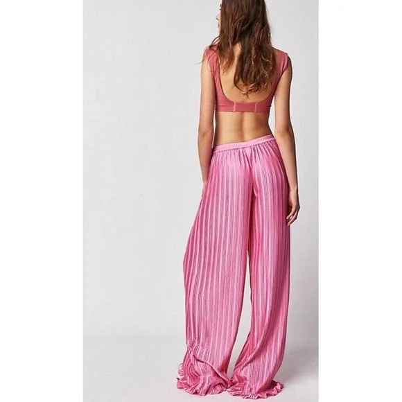 Free People Rococo Sand Women Wide Leg Pleated Mid Rise Pink Pants Sz XS New